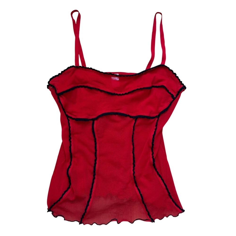 Vtg Mesh Cami Top red Black Lettuce Trim Grunge Emo S Going out edm festival